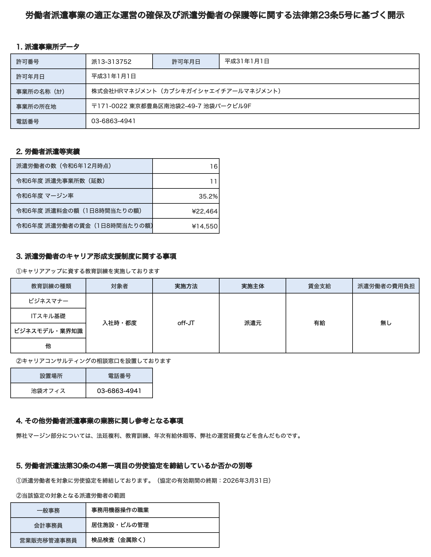 労働者派遣法に基づく情報開示